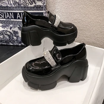 Лоферы с пискюли на удебелени подметки 7 см, японски обувки-дерби на танкетке с пайети за жените, обувки на равна платформа с ресни, женски сладкиши