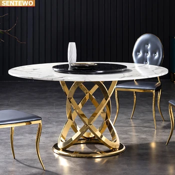 Луксозен дизайнерски кръгла маса за хранене от мраморна плоча с маса за хранене за 4 6 стола de mesa jantar tische marbre със златната основа от неръждаема стомана
