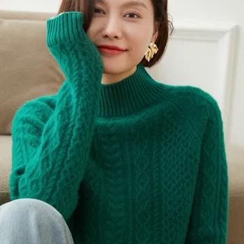 Луксозен женски пуловер от 100% чист кашмир с висока яка и усукани цветя, дебели пуловер свободна плетени, свитшот висок клас