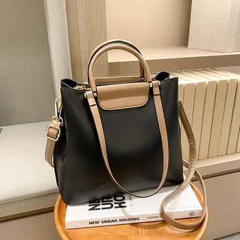 Луксозна дамска чанта-голям капацитет, модерна чанта-месинджър през рамо, мека кожена чанта-тоут, проста жена дизайнерска чанта през рамо с дръжка