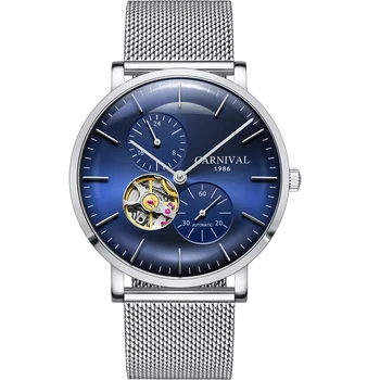 Луксозна марка Switzerland Carnival, автоматични механични мъжки часовник, син сапфир скелет, ръкохватката, водоустойчиви мъжки часовници C8024G-1
