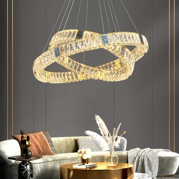 Луксозна околовръстен кристален led полилей за дневна трапезария Модерна Кръгла подвесная лампа Голям златен лампа за вътрешно осветление