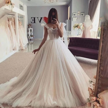 Луксозна сватбена рокля цвят шампанско с кристали ръчно изработени, двойни бретельки и безупречно приятелка Сватбени рокли vestido de noche