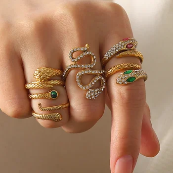 Луксозни дамски пръстен във формата на змия от неръждаема стомана, регулируема планински кристал, опал, кубичен цирконий AAA, изящни бижута и аксесоари