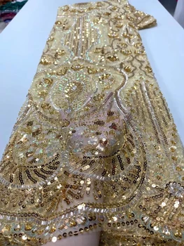 Луксозни дантелени тъкани 2023, бродирани с мъниста, пайети, Златни Вечерни рокли За жени, тюлевое шиене, 5 метра африканската вкара тъкан