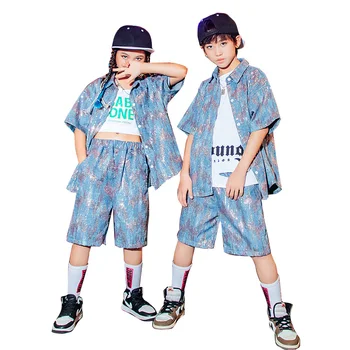 Лятна градинска дрехи за момчета и момичета, модерен хип-хоп Свободна ежедневни риза с къси ръкави и пайети, къси Панталони, Комплекти от 2 теми, детски костюми