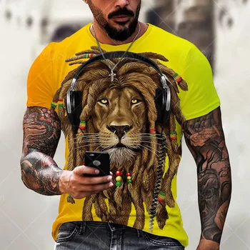 Лятна мъжка тениска с 3D принтом на звяра и на лъв, градинска мода, О-образно деколте, къс ръкав, дишаща ежедневни тениска Оверсайз, дрехи