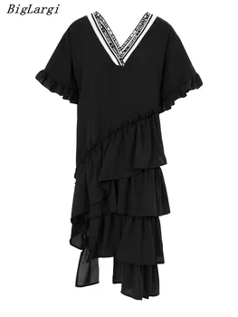 Лятното Модно Рокля 2023, Свободна Черна Пола с V-образно деколте, Асиметрично Персонализирани Модерни дрехи за Момичета неправилни форми