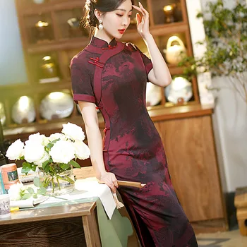 Лято 2023, Нов подобрен ретро-Чонсам, Елегантна секси дълга модно рокля в традиционен китайски стил сватбена рокля за жените