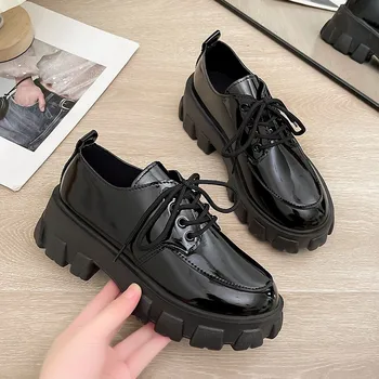 Малки кожени обувки в британския стил 2023, пролетно-есенни лоферы, обувки на платформа с по-дебела подметка, обувки дантела