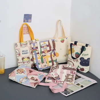 Малко сладко холщовая чанта с анимационни принтом, преносима чанта-тоут, студентски книга, преносима чанта за съхранение, чанти за пазаруване в стил Kawai за момичета