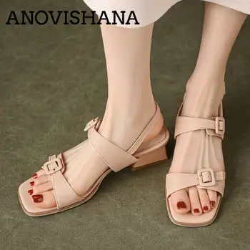 Марка ANOVISHANA/ дамски сандали с квадратни пръсти на среден ток 3.5 cm, въжета с катарама отзад, елегантни и ежедневни мека дамски обувки в стил ретро, по-големи размери 42 43