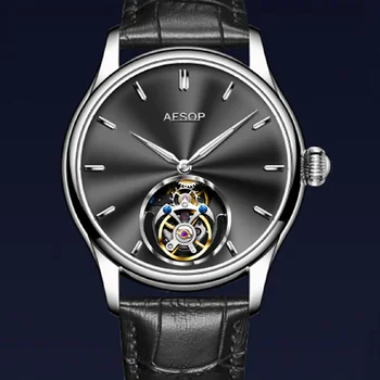 Механични часовници AESOP Flying Tourbillon за мъже, син сапфир водоустойчив ръчен tourbillon, мъжки часовник-скелет, луксозен стомана каишка