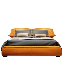 Минималистичная луксозно легло-татами висок клас в главната спалня, двойно orange сватбена легло с мека кожена чанта