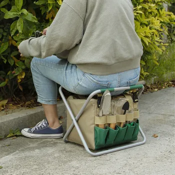 Многофункционален градински стол, портативен сгъваем стол с кожена чанта-тоут за съхранение, комплект градински инструменти, за да използвате един градинар
