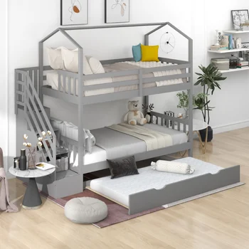 Многофункционална двуетажно легло Twin Over Twin House със стълби и място за съхранение на\ Сив бор [в наличност в САЩ]