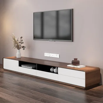 Модерна дървена поставка за телевизор бял цвят, ниска медии-конзолата с 4 чекмеджета, Открит шкаф за съхранение, Фурнир орех, с Напълно спокойна, 78 инча