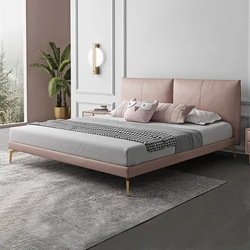Модерна луксозна кожена легло Розова спалня за момичета 1,8 м Бебешко легло легло принцеса Проста двойно легло Директни продажби с фабрика