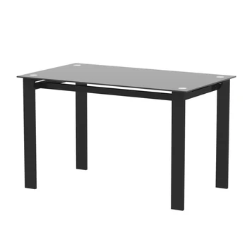 Модерна маса за хранене, изработени от закалено стъкло, черен на цвят, с прости правоъгълни метални крака за маса, кухненски плот във всекидневната