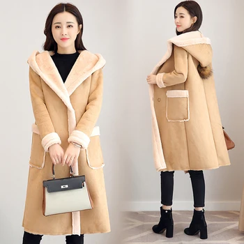 Модерно дамско кожено яке, палто от изкуствена велур за жени, есен-зима, топло палто със средна дължина, с качулка, Горна дреха от овча кожа изкуствена