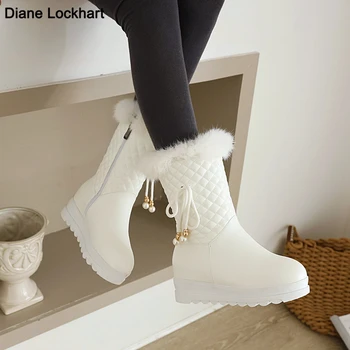 Модни бели дамски зимни обувки на меху на платформата, увеличаване на растежа, дамски обувки джоб с лък, дамски ежедневни зимни плюшени топли ботильоны