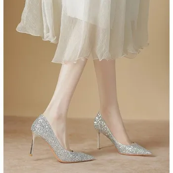 Модни дамски обувки на висок ток 6 cm, 8 cm, луксозни дизайнерски обувки-лодка с пайети, сватбени обувки злато в деня на Св. Валентин