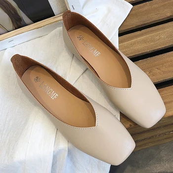 Модни дамски обувки на равна подметка, елегантни сандали на ниско ток, ново 2022 година, бежово корейски чехли с квадратни пръсти, проста дамски обувки без закопчалка