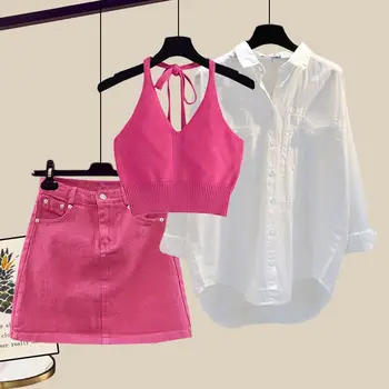 Модни дълга риза, Розов сутиен, пола, комплект от три елемента, Елегантен женски комплект прагове голям размер, летни тоалети на 2023 година