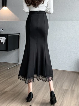 Модни Лейси Черна Дълга Пола в стил мозайка, Дамски 2023, Елегантна облегающая градинска пола с висока Талия, корея, секси пола за партита