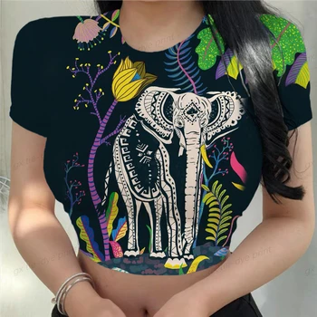Модни цветни тениски с принтом под формата на слон, дамски топ, ежедневни базова тениска с кръгла яка, дамски укороченная тениска с къс ръкав