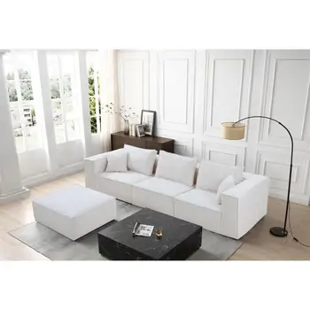 Модулна секционни диван за хол, съвременният диван в минималистичен стил с пуфиком и реверсивным шезлонг, L-образна форма, бял