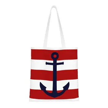 Морска тъмно синя чанта с котва в червената ивица, чанта за пазаруване, холщовая чанта-тоут, преносими чанти за пазаруване в плаване