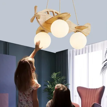 Мультяшная дървена полилей във формата на самолет за децата, спалня за момчета, led подвесная лампа, висящи осветителни тела за детска стая