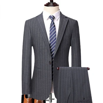 Мъжки Костюм Бизнес Ежедневието на Сватбен за младоженеца-2 броя (сако + панталон, Оборудвана, 2023, Луксозен Однобортный син костюм Homme
