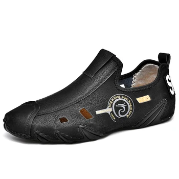 Мъжки обувки, ежедневни обувки, новост 2023 г., лятна однотонная мъжки обувки за шофиране на равна подметка, с дупки от естествена кожа, шевна градинска обувки