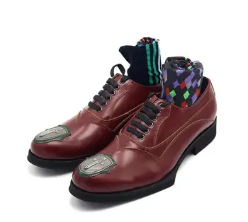 Мъжки официалната обувки с висок берцем, класически oxfords дантела, обувки за партита от естествена кожа, модерен кафяв мъжки обувки ръчна изработка
