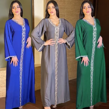 Мюсюлманските свободни абайи за жените, лесно луксозно рокля с диаманти, Дубай, индия модерен халат, пуловер с V-образно деколте, женски кафтан с дълъг ръкав