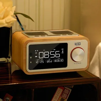 Начало led будилник с мощност 10 W, FM-радио, стереодинамик, Бас субуфер, Ретро Безжичен малка дървена портативен говорител Bluetooth