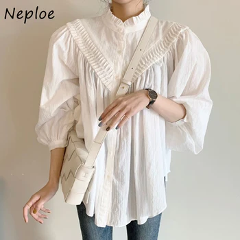 Неплотный Гъбички, яка-часова, плиссированная дамска Блуза в стил мозайка, Однобортная риза с ръкави-лампичка, обикновена Шик Дамски блузы