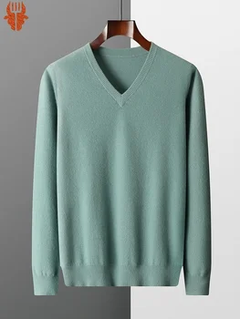 Нов пуловер от мериносова вълна, мъжки пуловер с V-образно деколте, топ, Есен-зима 2023, вязаный ден за ден без сако от 100% чиста вълна