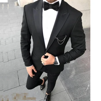 Нов Черен мъжки костюм от 2 теми, оборудвана, с ревера на една пуговице, смокинги за младоженеца, изработена по поръчка костюм, Сако, Яке, Панталони Terno