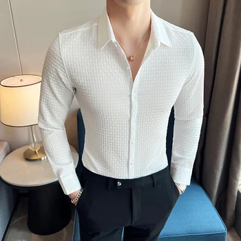 Нова мода за мъже клетчатая риза с отложным яка, качествени бизнес ежедневни ризи с дълъг ръкав, мъжки приталенная корейски дрехи за комуникация
