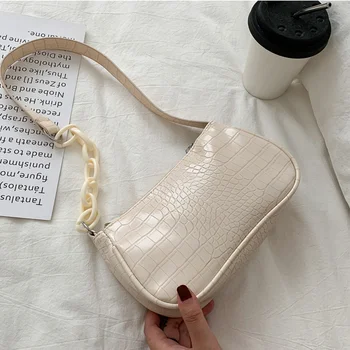 Нова тенденция дамска чанта за през рамото от изкуствена кожа цвят на чай с мляко, чанта под мишниците 2023, модни елегантна чанта-прашка с цип, малка квадратна чанта