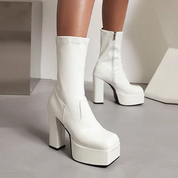 Нови зимни ботуши до бедрата, бяла дамски обувки от лачена кожа на дебелите обувки, удобни ботфорты над коляното, Ephesus Feminina 2022