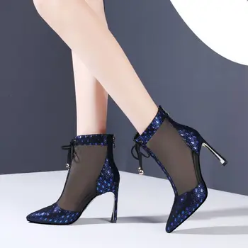 Нови летни пикантни женски ботильоны от окото на материал с бантиком и остри пръсти, модни дамски официални обувки на висок ток-висок ток на мълния, синьо-черни