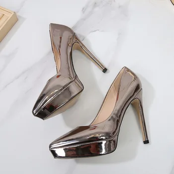 Нови маркови дамски официални обувки на висок ток, секси дамски обувки-лодка на платформа, елегантни златни сребърни обувки на много висок ток 12 см YX4711
