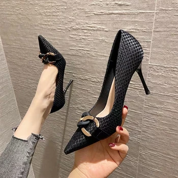 Нови модни дамски обувки на нисък ток с остър пръсти, обикновен дамски ежедневни обувки на висок ток DY4273