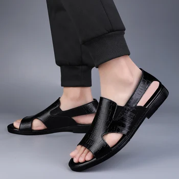 Нови мъжки сандали от естествена кожа, модерен ежедневни улични дишащи мъжки плажни спортни сандали на равна подметка, пролет-лято