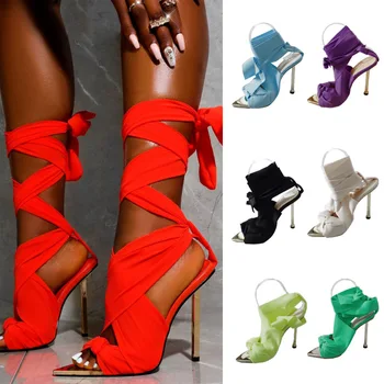 Нови Обувки на висок ток, Сандали Розов цвят на висок ток, Вечерни, с Кръстосан каишка във формата на Рибено Устата, Метално Окачване, дамски обувки за Подиум, 35-43, Голям Размер