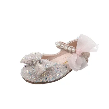 Нови обувки на принцесата за момичета, обувки с лък и кристали върху плоска подметка, детски танцови обувки подметка с голям цветен модел, вечерни тънки обувки